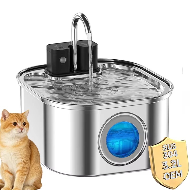 Pet Water Fountain - 3.2L 무선 고양이 정수기 스테인리스 스틸
